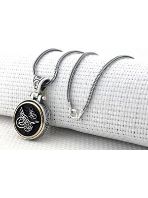 Osmanlı Tuğra Desenli Ortası Dönen 925 Ayar Gümüş Erkek Kolye