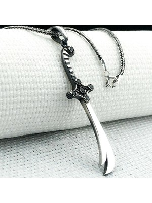 Siyah Taşlı Zulfikar 925 Ayar Gümüş Erkek Kolye