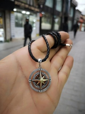 Pusula Özel Tasarım Deri İPLI925 Ayar Gümüş Erkek Kolye