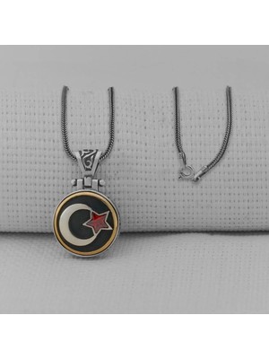 Ay Yıldız Ortası Dönen   925 Ayar Gümüş Erkek Kolye