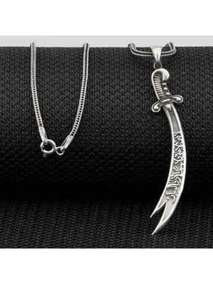 La Fetta Illa Ali La Seyfe Illa Zülfikar Yazılı Beyaz Taşlı 925 Ayar Gümüş Erkek Kolye