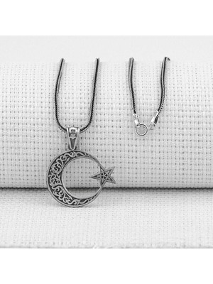 Ay Yıldız Tasarımlı  925 Ayar Gümüş Erkek Kolye