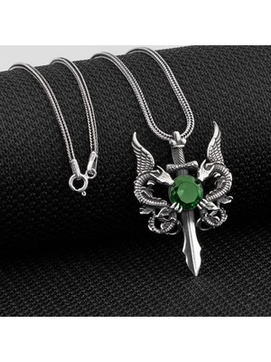 Ejderha Tasarımlı Zirkon Taşlı 925 Ayar Gümüş Erkek Kolye