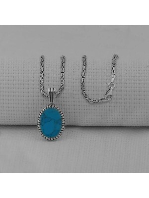 Turkuaz Taşlı Oval  925 Ayar Gümüş Erkek Kolye
