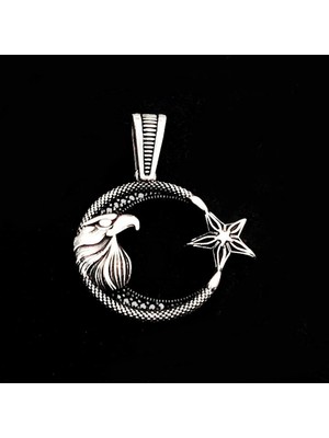 Ay Yıldız Kartal Başlı  925 Ayar Gümüş Erkek Kolye Ucu