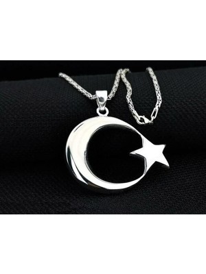 Şanlı Ay Yıldız Büyük Boy  925 Ayar Gümüş Erkek Kolye