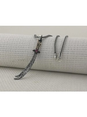 Kırmızı Taşlı La Fetta Illa Ali La Seyfe Illa Zülfikar Taşlı 925 Ayar Gümüş Erkek Kolye