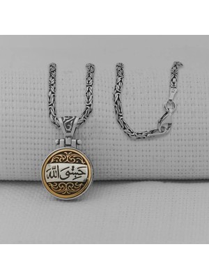 Kral Zincirli Hasbiyallah Allah Yazılı Ortası Dönen 925 Ayar Gümüş Erkek Kolye