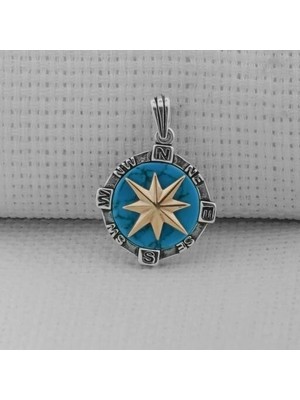 Turkuaz Taşlı Pusula  925 Ayar Gümüş Erkek Kolye