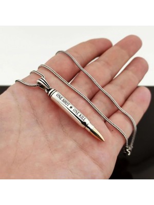 Mermi Tasarımlı One Shot One Kill Yazılı 925 Ayar Gümüş Erkek Kolye