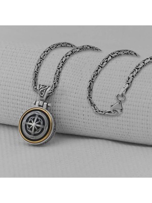 Kral Zincir Pusula Tasarımlı Ortası Dönen 925 Ayar Gümüş Erkek Kolyesi