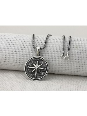 Yuvarlak Pusula Tasarılı 925 Ayar Gümüş Erkek Kolye