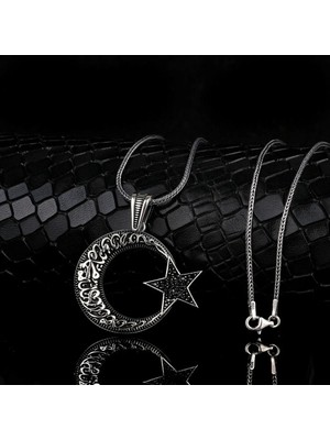 Madalyon Ay Yıldız Kelimey I Tevhit 925 Ayar Gümüş  Erkek Kolye