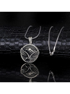 Kartal Motifli Madalyon 925 Ayar Gümüş Erkek Kolye