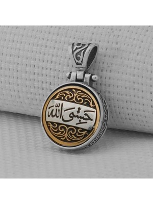 Hasbiyallah Allah Yazılı Ortası Dönen 925 Ayar Gümüş Erkek Kolye Ucu