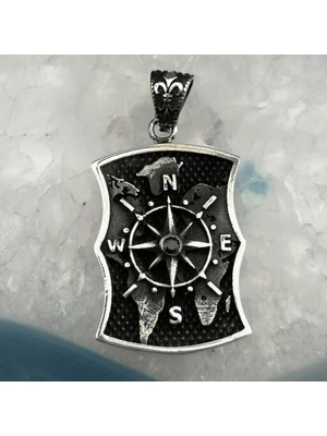 Özel Pusula Tasarımlı  925 Ayar Gümüş Erkek Kolye Ucu