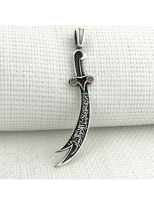 Kırmızı Taşlı La Feta Illa Ali La Seyfe Iila Zulfikar Kral Zincir 925 Ayar Gümüş Erkek Kolye