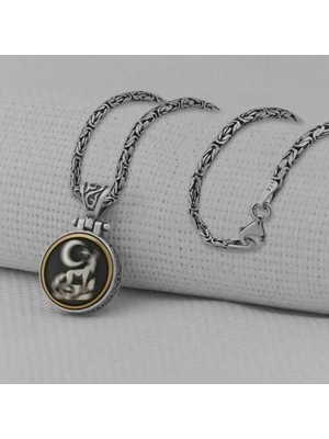 Uluyan Kurt Ay Yıldız Kral Zincir Ortası Dönen  925 Ayar Gümüş Erkek Kolye