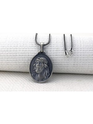 Hz Isa Dikenli Taçlı Üç Boyutlu 925 Ayar Gümüş Erkek Kolye