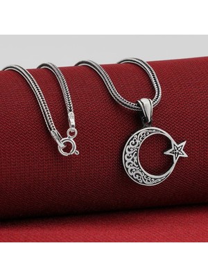 Ay Yıldız  Tasarımlı 925 Ayar Gümüş Erkek Kolye