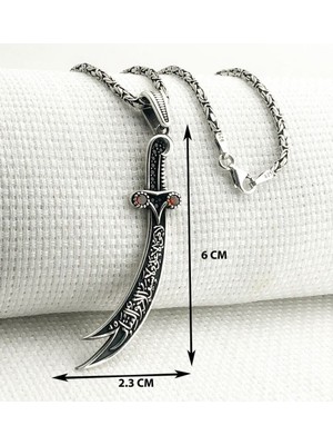 Kırmızı Taşlı La Feta Illa Ali La Seyfe Iila Zulfikar Kral Zincir 925 Ayar Gümüş Erkek Kolye