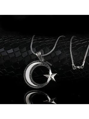 Ay Yıldız Mikro Taşlı 925 Ayar Gümüş Erkek Kolye