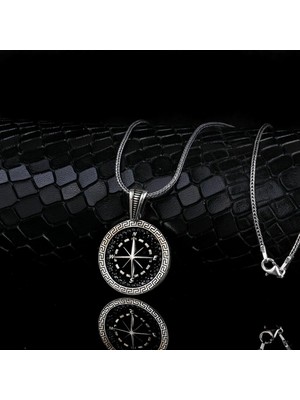 Mikro Taşlı Pusula 925 Ayar Gümüş Erkek Kolye