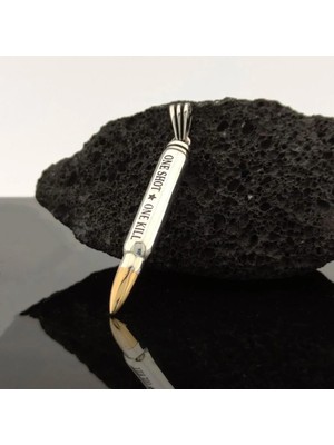 Mermi Tasarımlı One Shot One Kill Yazılı 925 Ayar Gümüş Erkek Kolye