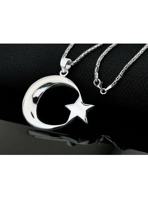 Şanlı Ay Yıldız Büyük Boy  925 Ayar Gümüş Erkek Kolye