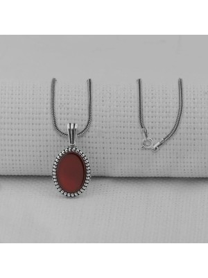 Kırmızı Akik Taşlı Oval 925 Ayar Gümüş Erkek Kolye