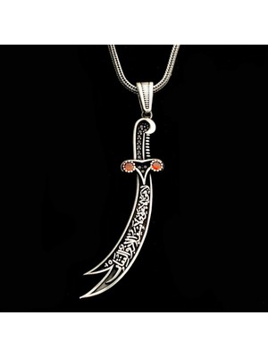 Zulfikar Kırmızı Taşlı La Feta Illa Ali La Seyfe Iila Zulfikar Kral Zincir 925 Ayar Gümüş Erkek Kolye
