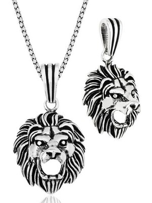 Aslan Kafası Motifli 925 Ayar Gümüş Erkek Kolye