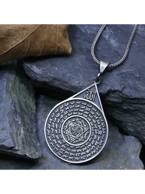 Esmahul Husna Dua Işlemeli Mührü Süleyman 925 Ayar Gümüş Erkek Kolye