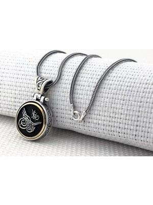 Osmanlı Tuğra Desenli Ortası Dönen 925 Ayar Gümüş Erkek Kolye