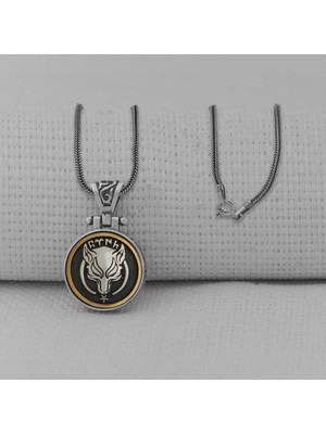 Göktürkçe Turk Yazılı Kurt Tasarımlı Kral Zincirli Ortası Dönen 925 Ayar Gümüş Erkek Kolye