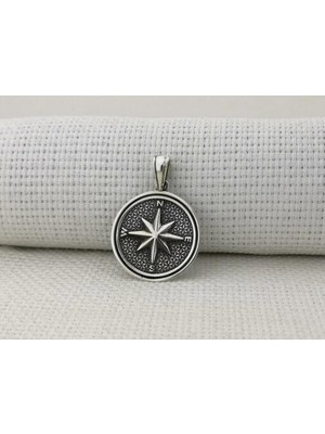 Yuvarlak Pusula Tasarılı 925 Ayar Gümüş Erkek Kolye  Ucu