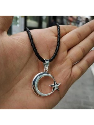 Ay Yıldız Deri Ipli 925 Ayar Gümüş Erkek Kolye
