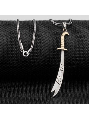 Türkçe ve Arapça Hz Ali Yazılı Zulfikar 925 Ayar Gümüş Erkek Kolye