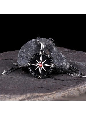 Zirkon Taşlı Pusula 925 Ayar Gümüş Erkek Kolye