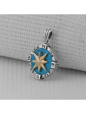 Turkuaz Taşlı Pusula  925 Ayar Gümüş Erkek Kolye Ucu