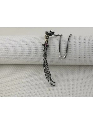 Kırmızı Taşlı La Fetta Illa Ali La Seyfe Illa Zülfikar Taşlı 925 Ayar Gümüş Erkek Kolye