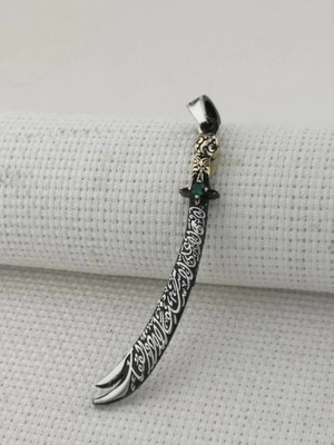 Yeşil Taşlı La Fetta Illa Ali La Seyfe Illa Zülfikar Yazılı  925 Ayar Gümüş Erkek Kolye