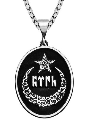 Ay Yıldız Göktürkçe Yazılı 925 Ayar Gümüş Erkek Kolye