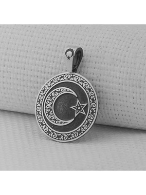 Siyah Gravur Işlemeli  Ay Yıldız 925 Ayar Gümüş Erkek Kolye Ucu