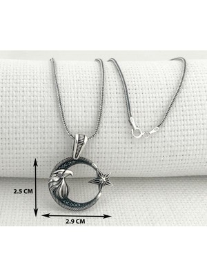 Ay Yıldız Kartal Başlı  925 Ayar Gümüş Erkek Kolye