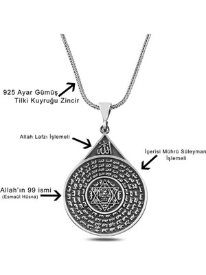 Esmahul Husna Dua Işlemeli Mührü Süleyman 925 Ayar Gümüş Erkek Kolye