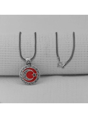 Gravur Işlemeli  Ay Yıldız 925 Ayar Gümüş Erkek Kolye