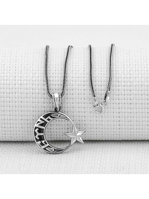 Göktürk Alfabesi Yazılı Ay Yıldız  925 Ayar Gümüş Erkek Kolye Ucu