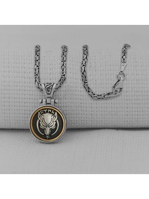 Göktürkçe Turk Yazılı Kurt Tasarımlı Kral Zincirli Ortası Dönen 925 Ayar Gümüş Erkek Kolye