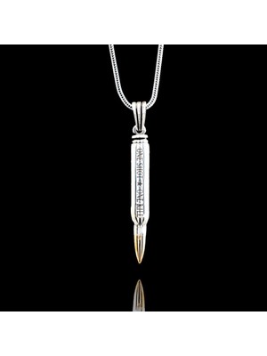 Mermi Tasarımlı One Shot One Kill Yazılı 925 Ayar Gümüş Erkek Kolye